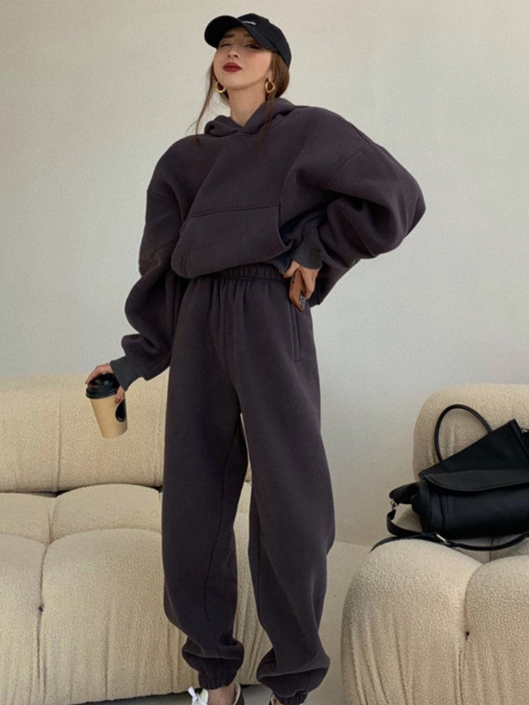 Spring Fleece Cotton 2 Pieces Sets Hoodies Sweatshirt Tracksuit Pullover Female Pants Suits Plus Sport Home Outfits