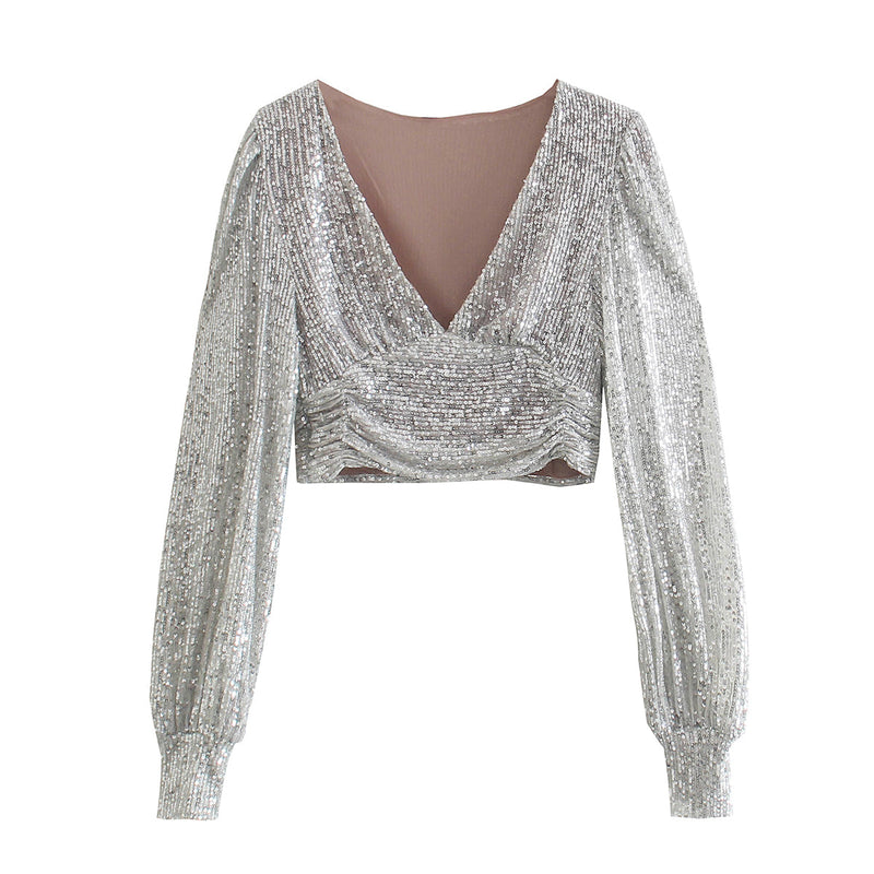 Clothing Party Puff Sleeve Sequined Blouse Long Sleeve Top