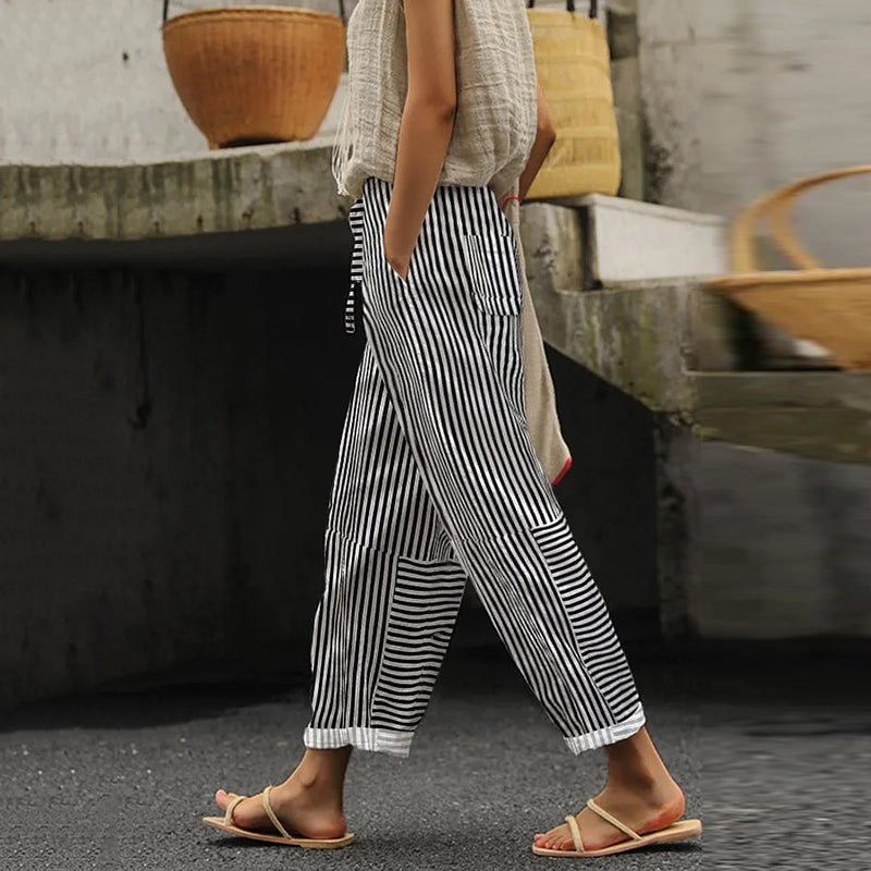 Women'S Retro Stripes Linen Blend Cozy Pants elevenforest