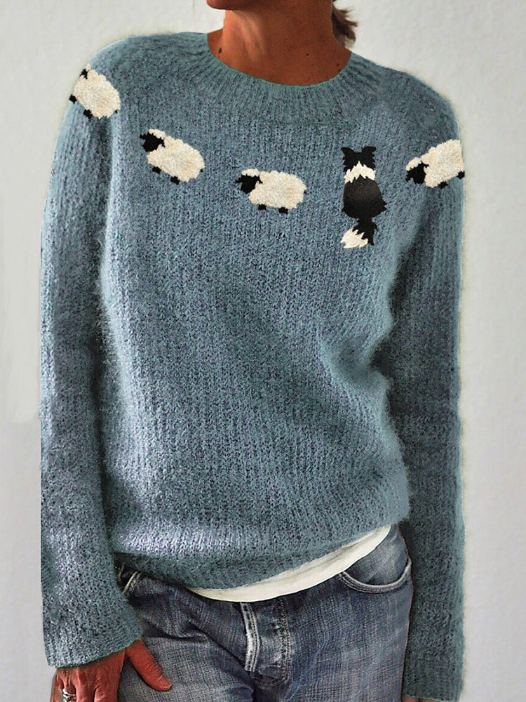 Comstylish Border Collie & Sheep Yoke Embroidered Cozy Knit Sweater