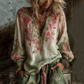 Vintage Cherry Blossom Art Gradient Line Linen Long Sleeve Shirt elevenforest