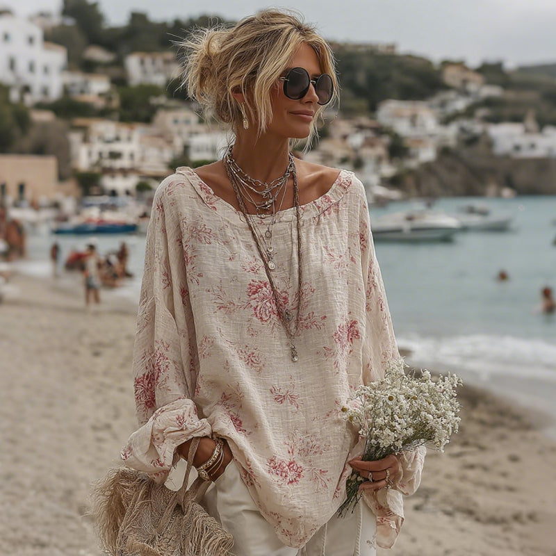 Women's Roses Print Crew Neck Linen Blend T-shirt elevenforest