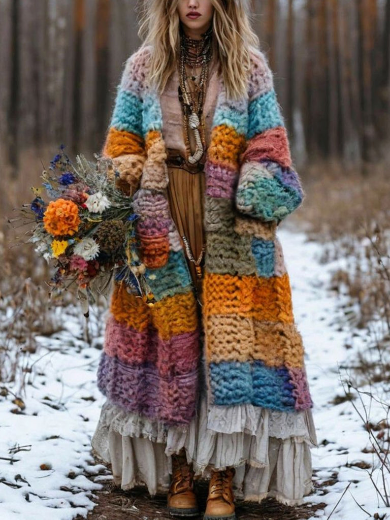 Women's Colorful  Patchwork Pattern Sweater Cardigan artswardrobe