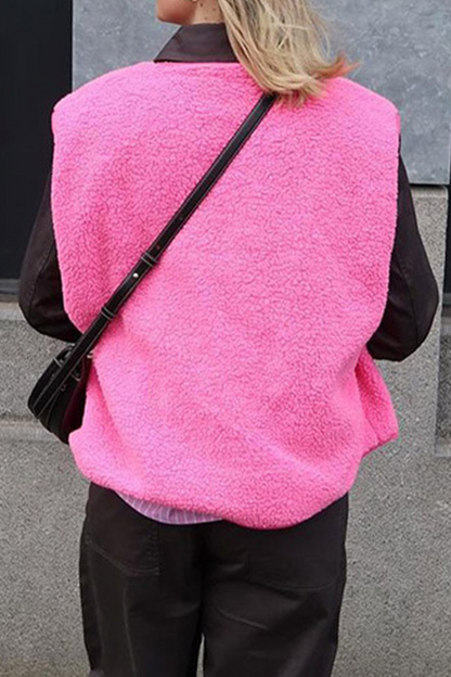 Street Pocket Buttons Fluffy O Neck Waistcoats(3 Colors)