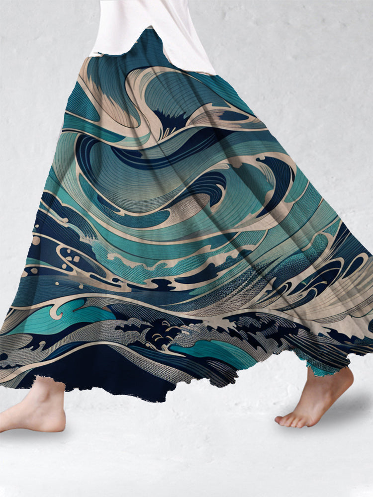 Vintage Japanese Art  Wave Cotton Linen Flowy Skirt elevenforest