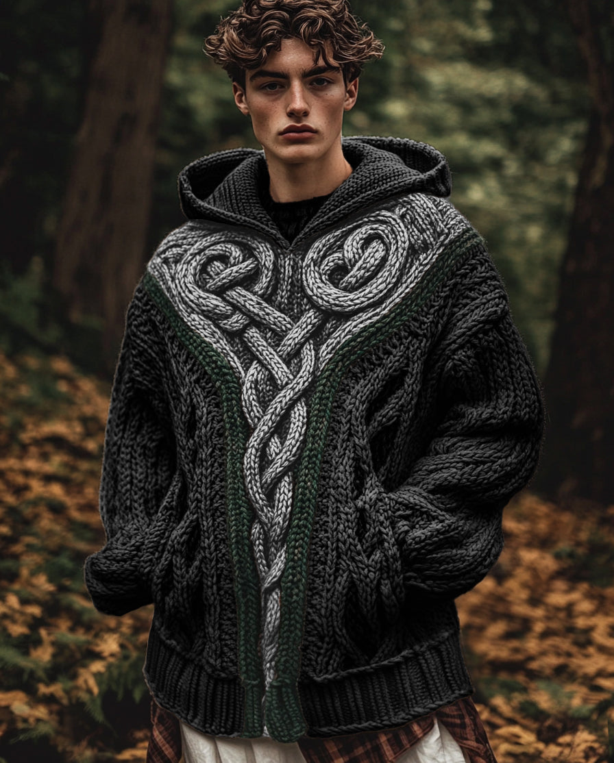 Men's Vintage Irish Celtic Knot Jacquard Mottled Hooded Sweater elevenforest