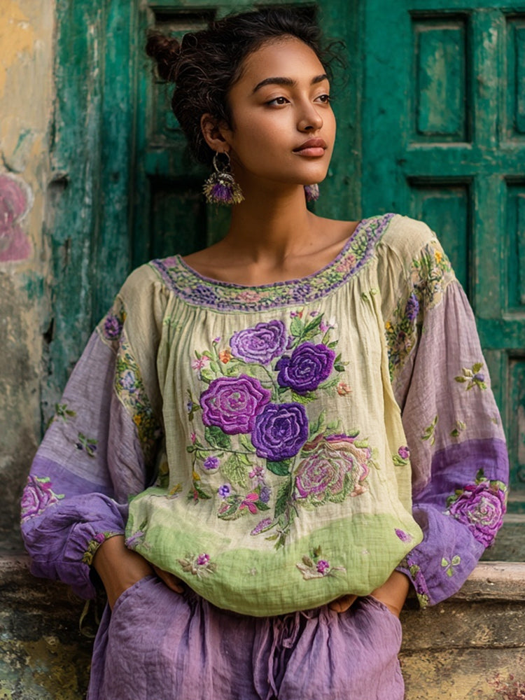 Ethnic Boho Floral Embroidery Women's Linen Loose Shirt elevenforest