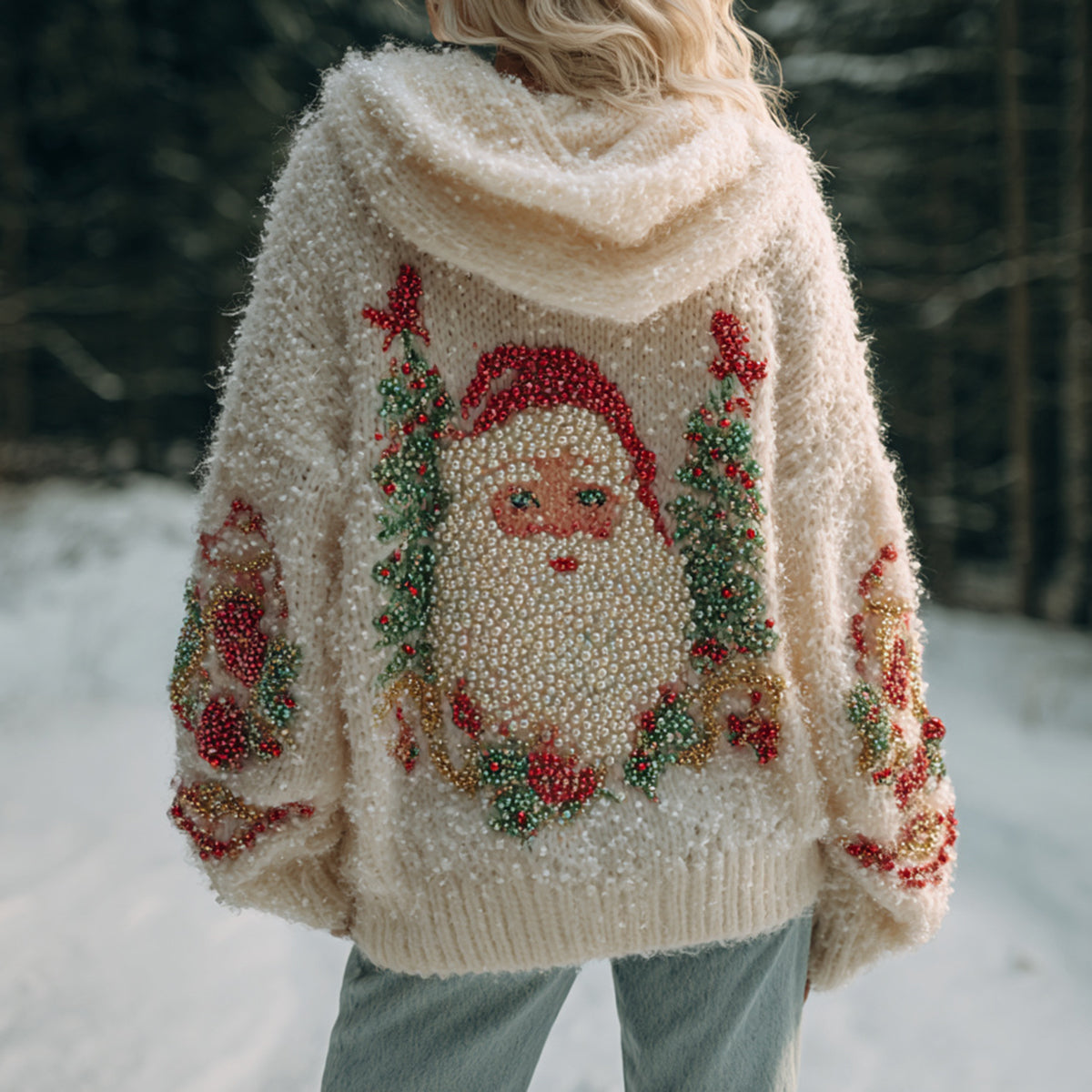 Women's Vintage Christmas Santa Claus Pattern Cozy Knit Hooded Sweater artswardrobe