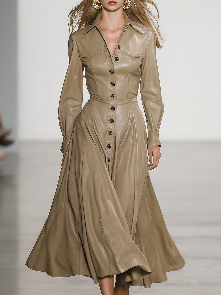 Retro Casual Khaki PUmaxi Dress