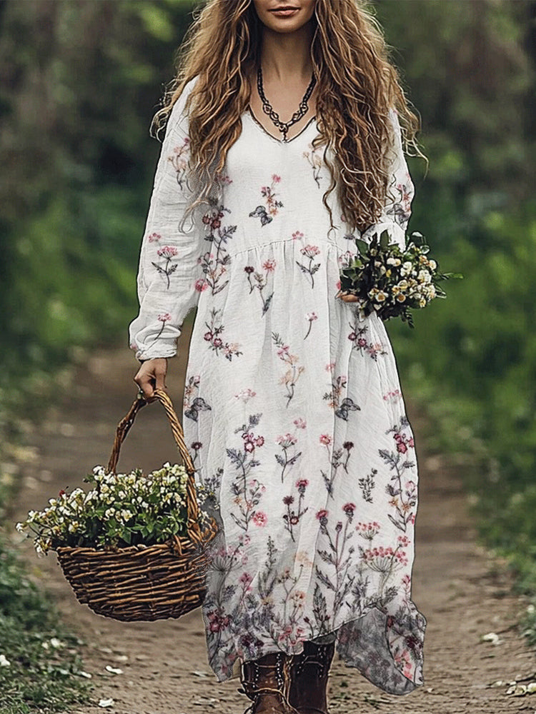Elegant Floral Sequin Embroidered Flowy Linen Blend Maxi Dress elevenforest