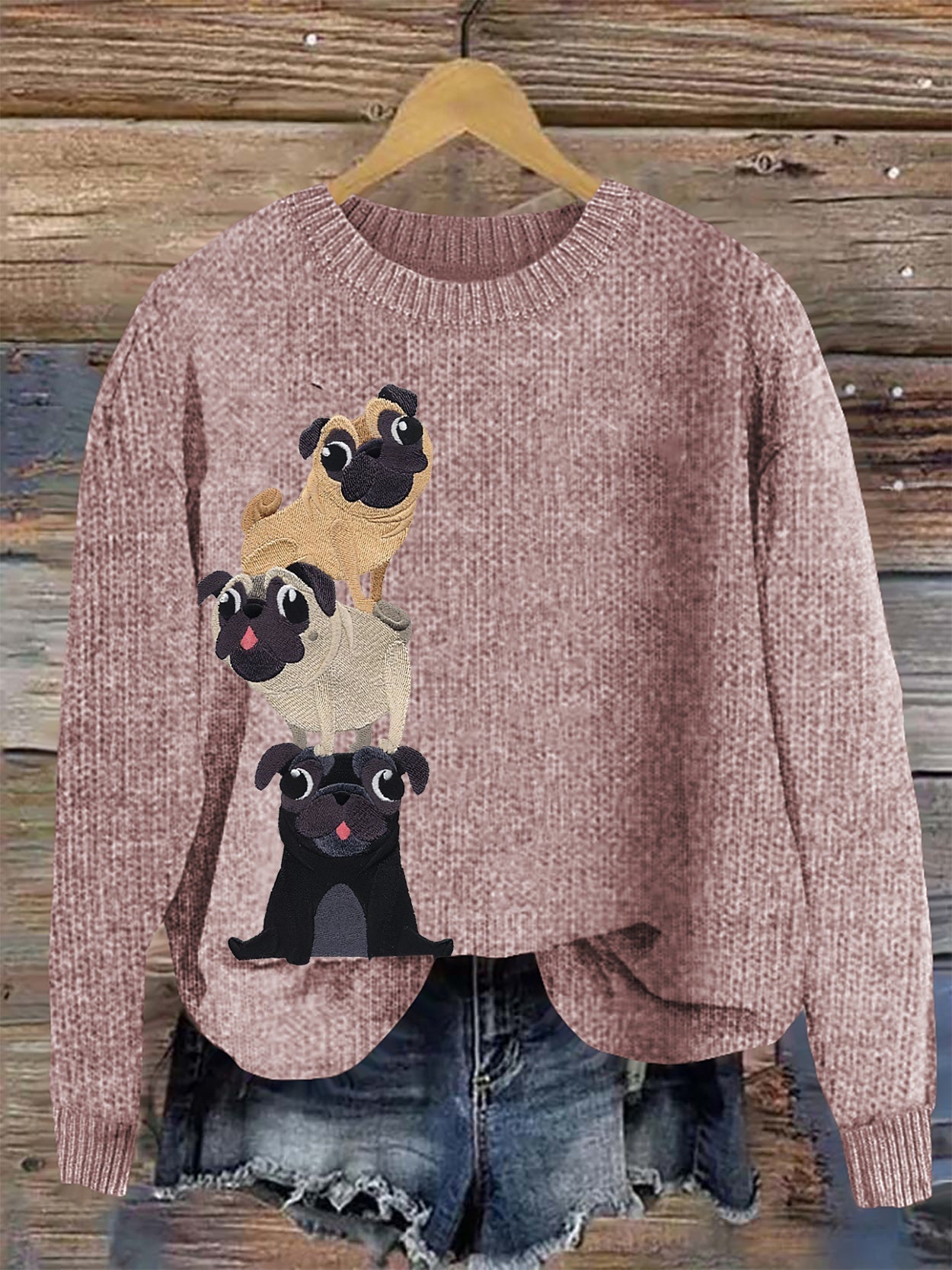 Comstylish Cute Pug Embroidery Art Women's Cozy Sweater