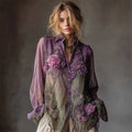 Vintage Roses Fiber Art Embroidered Contrast Flowy Linen Blouse elevenforest