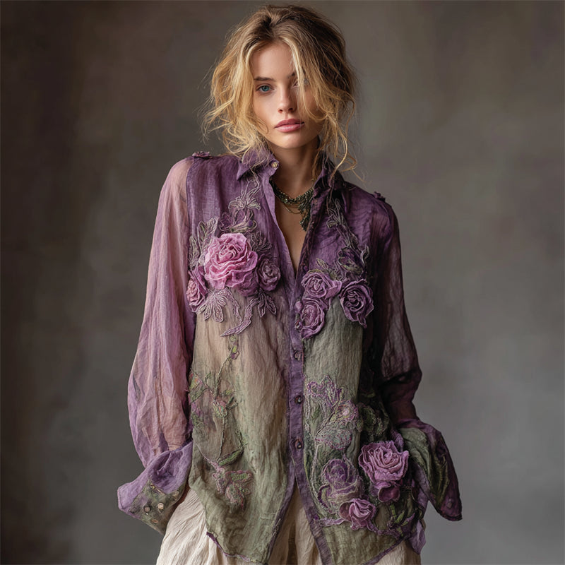 Vintage Roses Fiber Art Embroidered Contrast Flowy Linen Blouse elevenforest