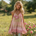 Women's Retro Pink Rose Floral Linen Sleeveless Top elevenforest