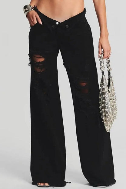 Ripped Patchwork Mid Waist Regular Denim Jeans (subject to the Actual Object)(5 Colors)