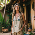 Women's Retro Loose Bohemia Ethnic Style Linen V-neek Sleeveless Top elevenforest