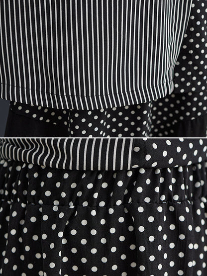 Loose Oversize Striped Polka-dot Split-joint Blouse Top A-line Skirt Bottom Two Pieces Set