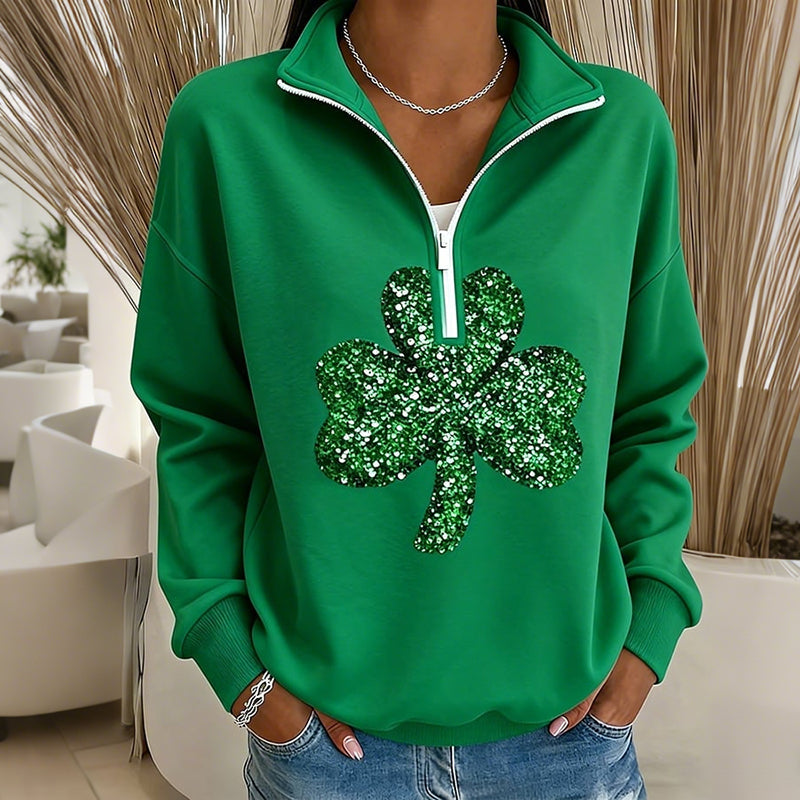 Comstylish Women's Vintage St. Patrick's Day Shamrock Print Zip Up Sweatshirt