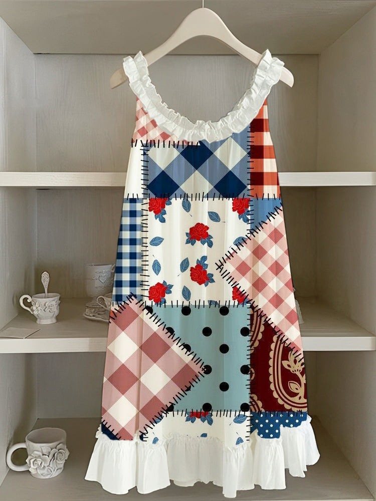 Vintage Floral Patchwork Art Women's Ruffle Tank Dress elevenforest
