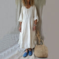 Vintage Crew Neck Cotton Linen Comfy Maxi Dress elevenforest