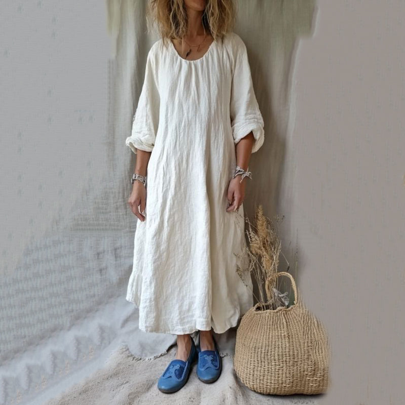 Vintage Crew Neck Cotton Linen Comfy Maxi Dress elevenforest