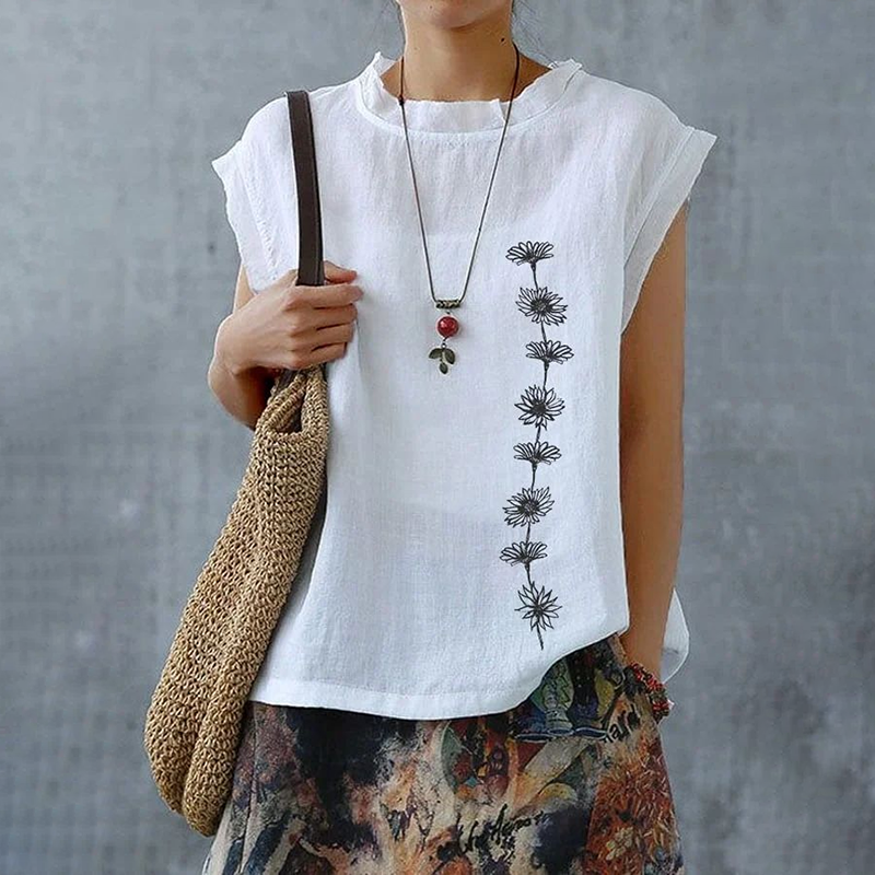 Women's Bohemia Ethnic Floral Art Linen V-neek Sleeveless Top elevenforest