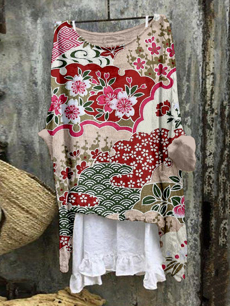 Traditional Japanese Pattern Linen Blend Flowy Tunic elevenforest