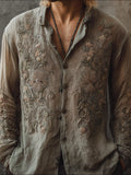 Men's Vintage Boho Floral Embroidered Natural Dyed Linen Shirt elevenforest