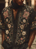 Men's Black Vintage Floral Turn-down Collar Short-sleeved Shirt elevenforest