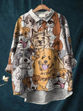 Vintage Lovely Dogs Art Print Casual Cotton And Linen Shirt