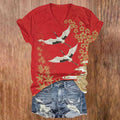 Comstylish Retro Japanese Style Crane Art Print Short-sleeved T-shirt