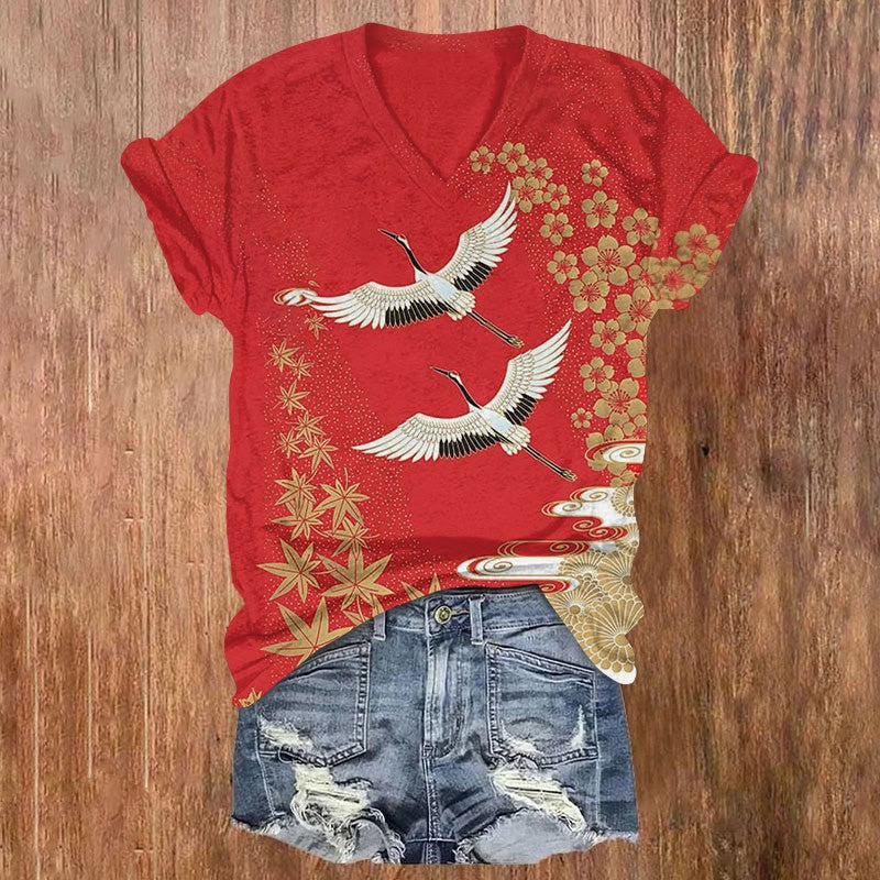 Comstylish Retro Japanese Style Crane Art Print Short-sleeved T-shirt