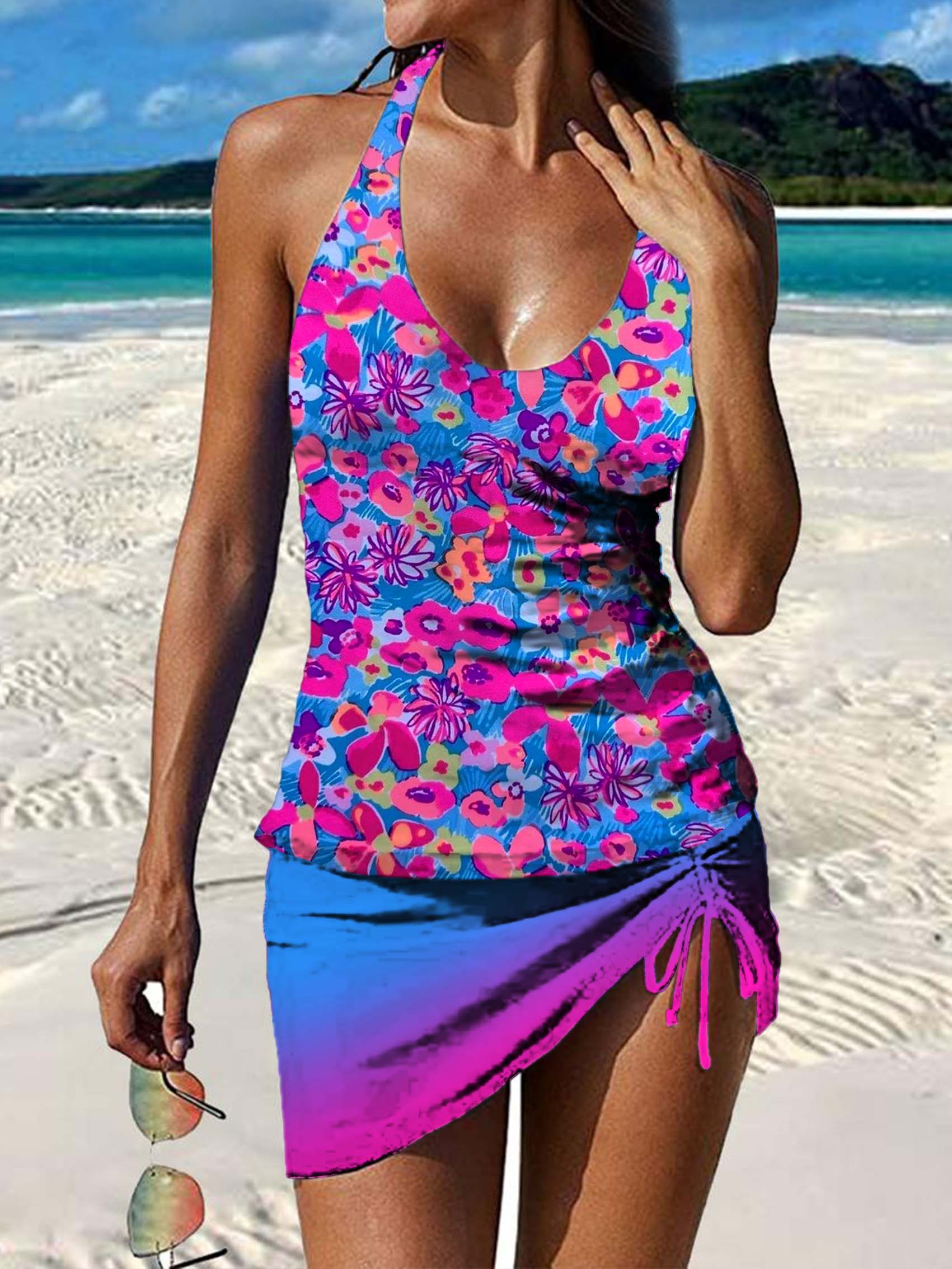 Colorful Floral Gradient Art Print Pleated Drawstring V-neck Tankini Pantskirt Set Swimsuit