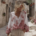 Women's Rose Floral Embroidery Linen V-neck T-shirt elevenforest