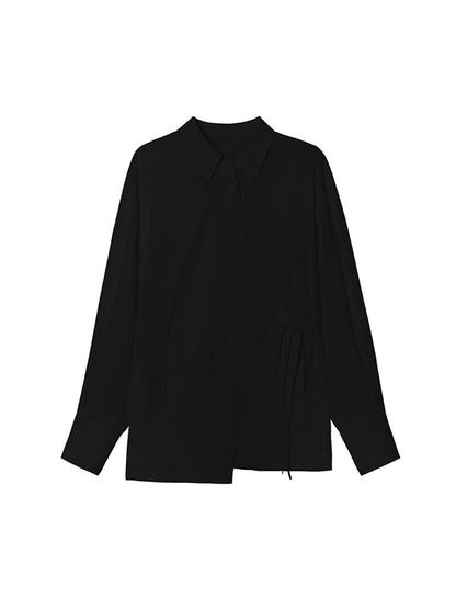 Loose Puff Sleeves Asymmetric Lace-up See-through Color Split-joint Lapel Blouses