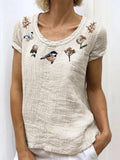 Cottage Forest Bird Floral Embroidered Linen Shirt elevenforest