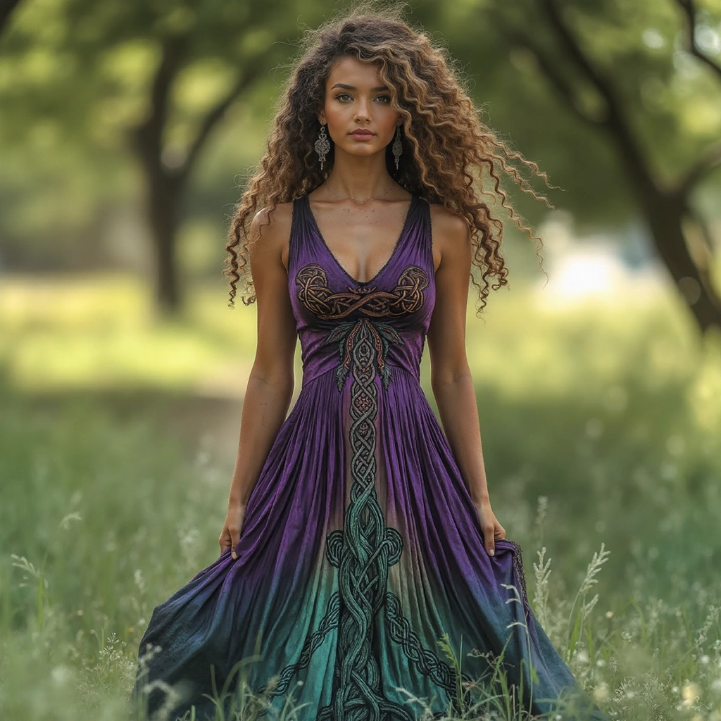 Women's Viking Celtic Knot Gradient Pattern Linen V Neck Maxi Dress elevenforest