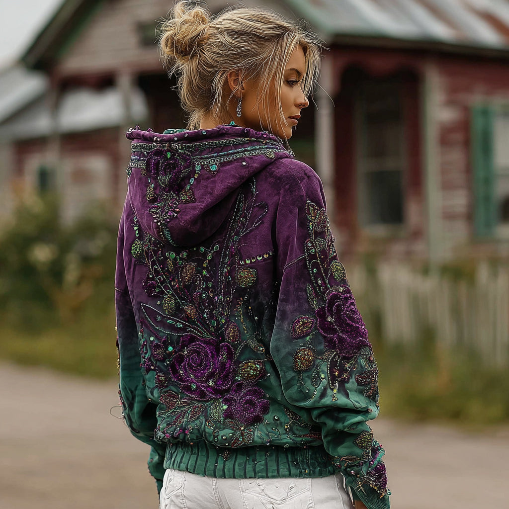 Women's Retro Purple Rose Gradient Pattern Casual Hoodie elevenforest