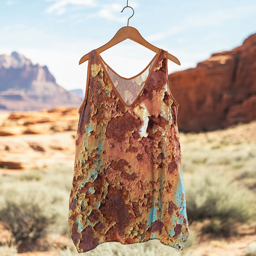 Rust Art Print V-neck Linen Blend Tank Top elevenforest