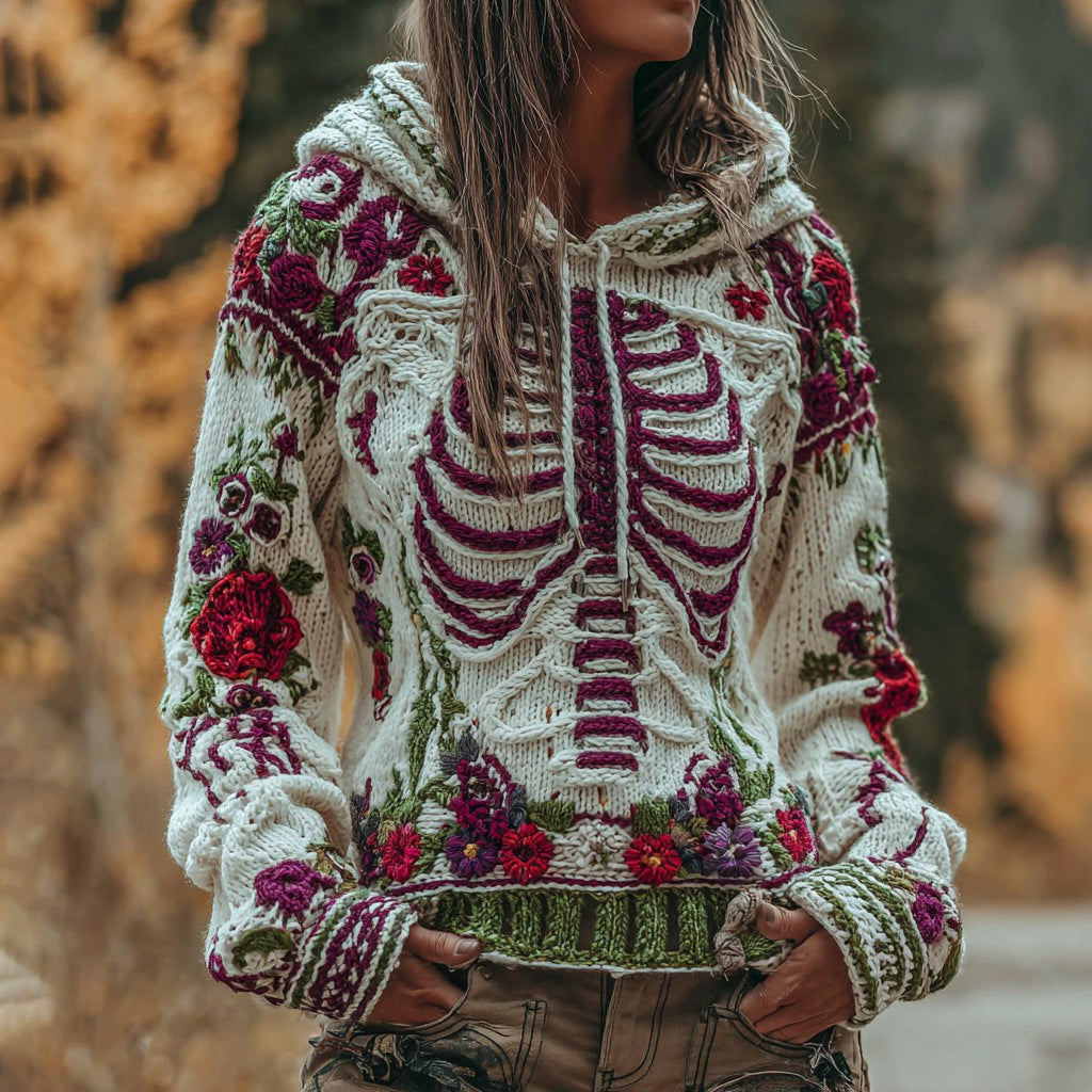 Comstylish Vintage Halloween Anatomy And Floral Art Chunky Knit Hooded Sweater