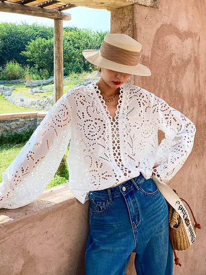 Long Sleeves Loose Hollow See-through Color Split-joint V-neck Blouses&shirts Tops