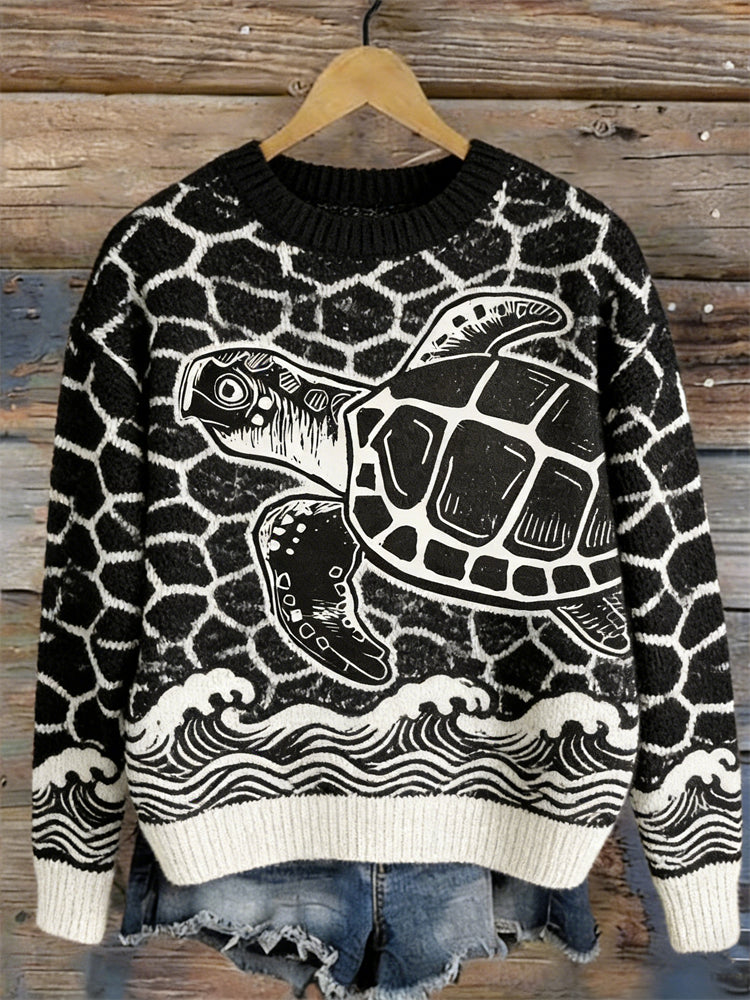 Japanese Sea Turtle & Waves Cozy Knit Sweater elevenforest