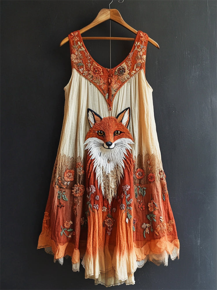 Boho Fox Floral Embroidered Flowy Gradient Linen Dress elevenforest