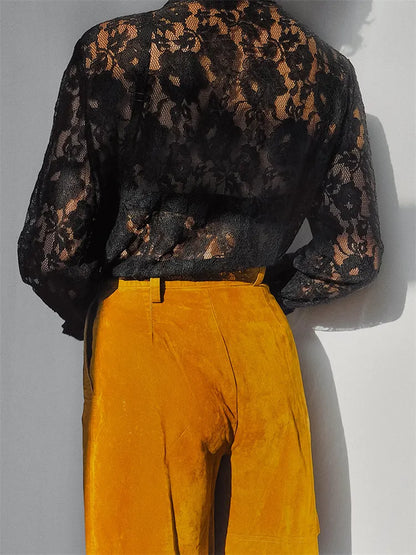 Tossy Lace Printed See-through Shirts for Lapel Hollow Out Long Sleeve Patchwork Cardigan ’s Loose Shirts Summer