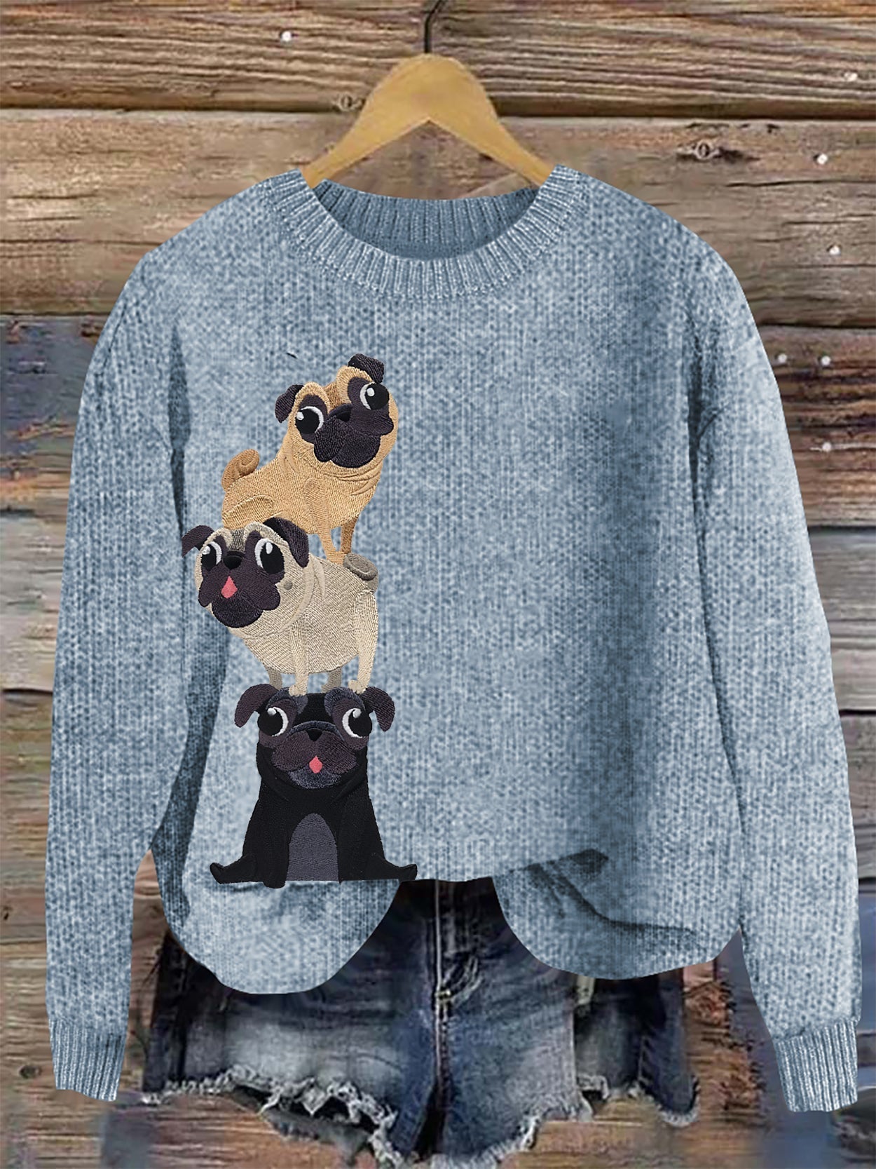 Comstylish Cute Pug Embroidery Art Women's Cozy Sweater