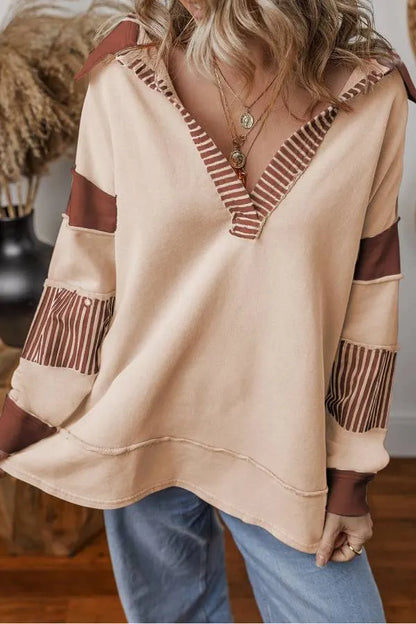 Light French Beige Striped Patchwork Collar Sweatshirt