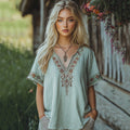 Women's Bohemian Vintage Floral Art Casual Linen Top elevenforest