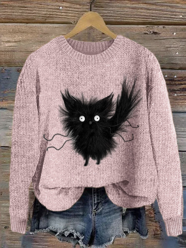 Fuzzy Black Cat Plush Cozy Knit Sweater elevenforest