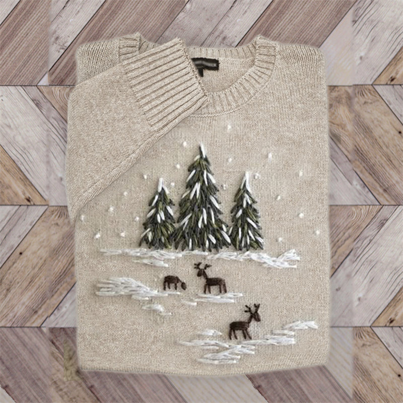 Snowy Christmas Reindeer Forest Embroidered Cozy Sweater artswardrobe