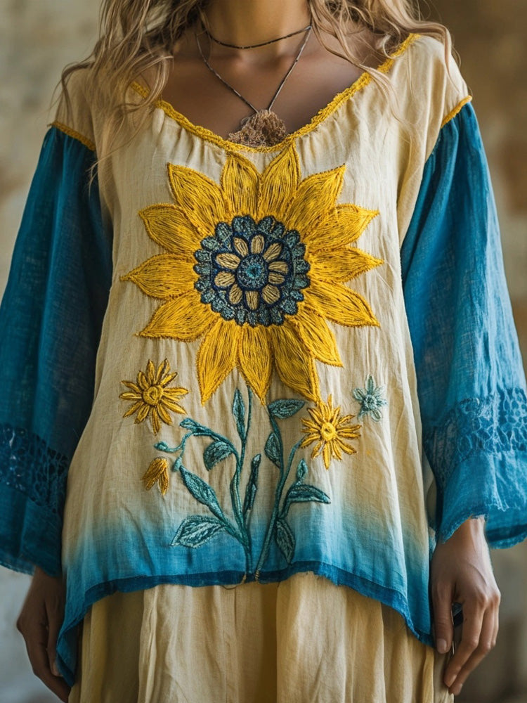 Boho Sunflower Embroidered Gradient Flowy Linen Tunic elevenforest
